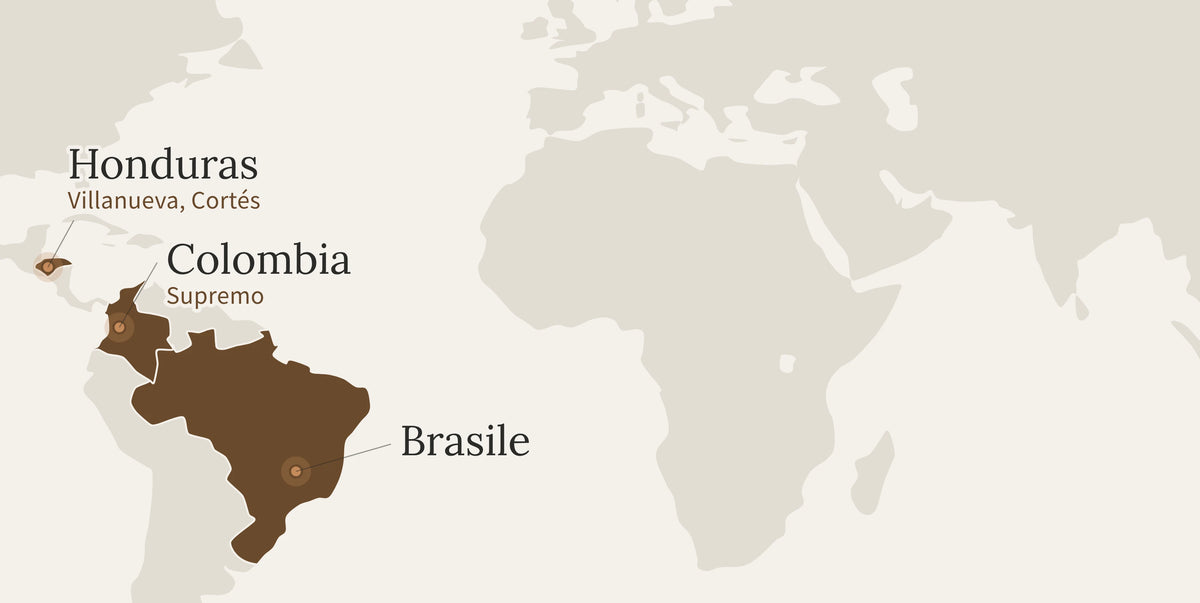 Mappa delle origini della miscela 100% Arabica: Brasile, Honduras e Colombia
