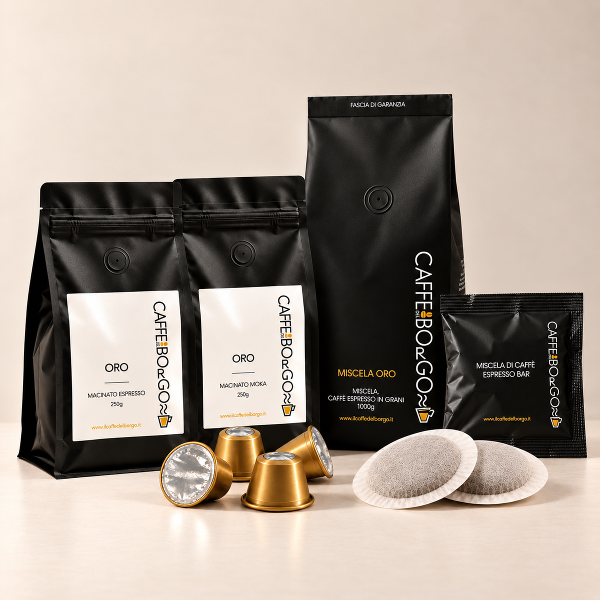 Oro, miscela espresso morbida ed equilibrata: confezione Caffè del Borgo